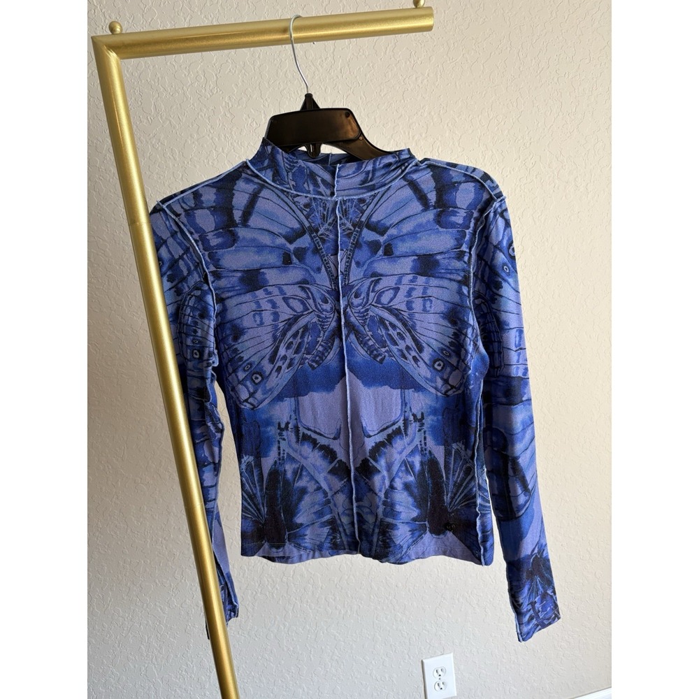 Desigual Women's Butterfly Print Top Size S Blue Abstract Whimsigoth Y2K Fairy
